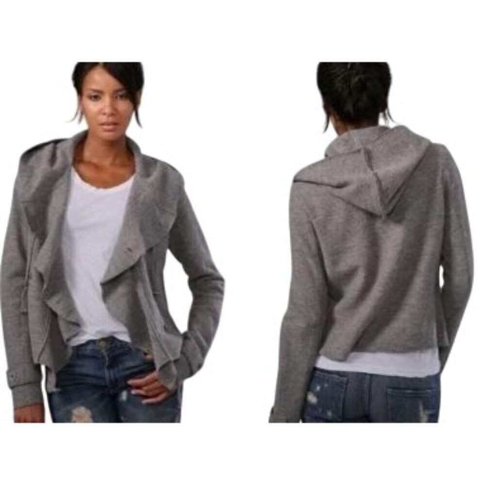 Free People Women's Sweater Hooded Cinch Front Wool Grey Cardigan Size Medium